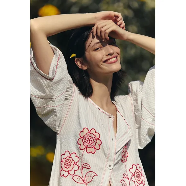 Free People Embroidered Cottage Bohemian Seersucker Saugatuck Midi Dress Large - Image 2