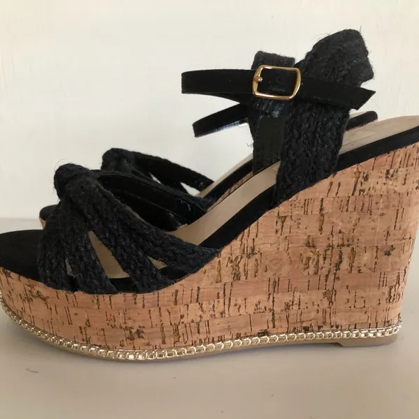 Time And Tru Womens Cork Wedge Platform Black Sandals Size 7 Gold Cork Trim New - Image 7