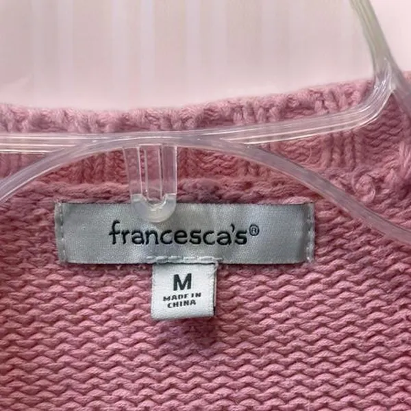 Francesca’s Pink Floral 3D Cardigan Chunky Knit Sweater Medium - Image 3