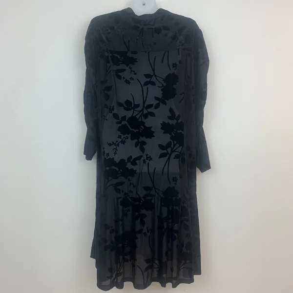 Zapelle Women's L/XL Black Sheer Burnout Velvet Floral Midi Dress Ruched Sleeves - Image 3