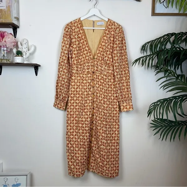 Lost + Wander Golden Dawn Orange Geometric Print Long Sleeve Boho Midi Dress S - Image 2