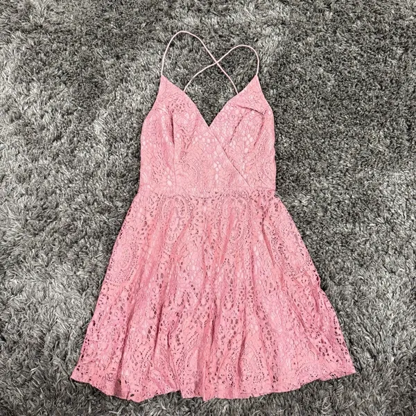 ASOS Design Lace Prom Mini Dress with Lace Up Back in Pink, Size 6​​​​​​ - Image 3