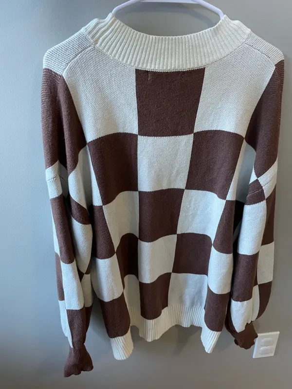 Checkerboard Crewneck Sweater - Cream & Brown - Image 6
