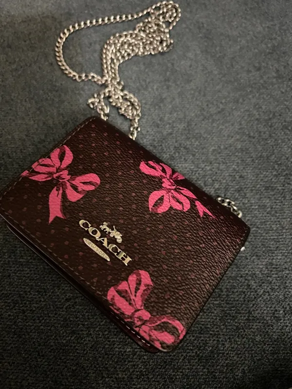 NWT NEW Coach Burgundy and pink bow logo Crossbody Purse with silver Chain - Image 2