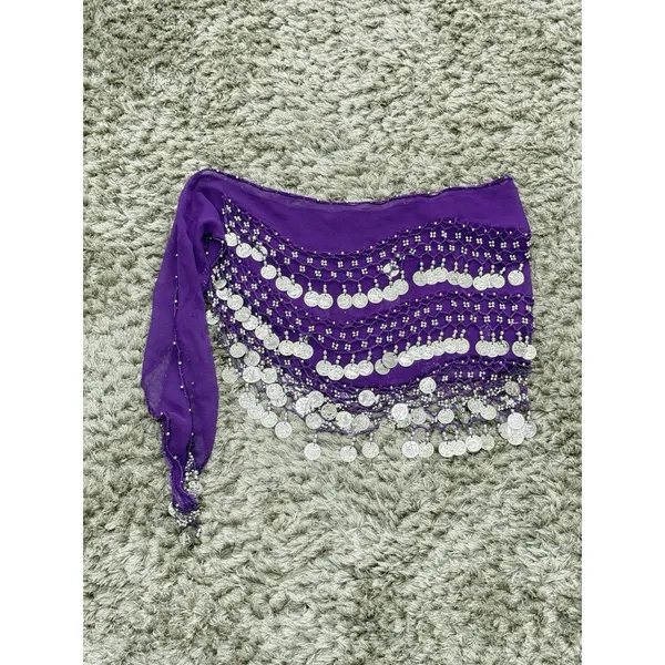 Belly Dance Hip Scarf Coin Belt Purple Chiffon Gold Coins Festival Costume - Image 4