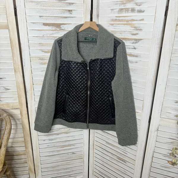 LAUREN RALPH LAUREN Quilted Fleece Full Zip Jacket Black Gray Size XL - Image 7