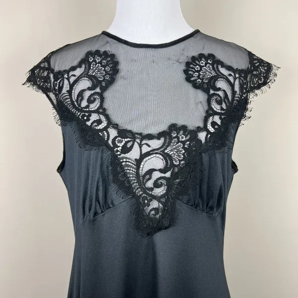 Vintage Sears Nightgown Women Medium Black Mesh Lace Satin Long Sleeveless Sheer - Image 3
