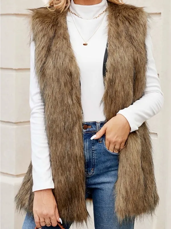 Faux Fur Open Front Vest in Taupe Brown - Image 2