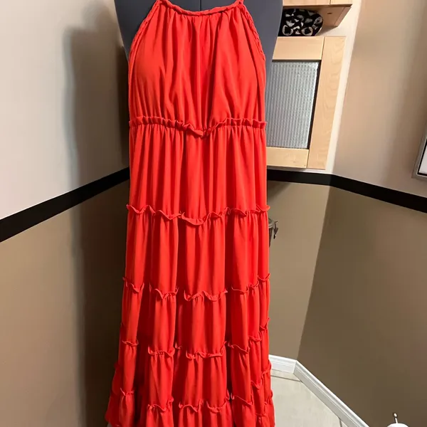 Maxi Dress Halter Boho chic Romantic Tiered Orange M Fairy Cottage Core Festival - Image 6