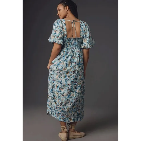 Anthropologie Floral Print Blue Midi Dress Puff‎ Sleeve Smocked Casual Size XS - Image 2