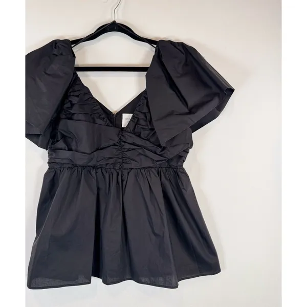 Hyacinth House Womens Top Black Margaux Flutter V Neck Peplum Blouse Medium - Image 6