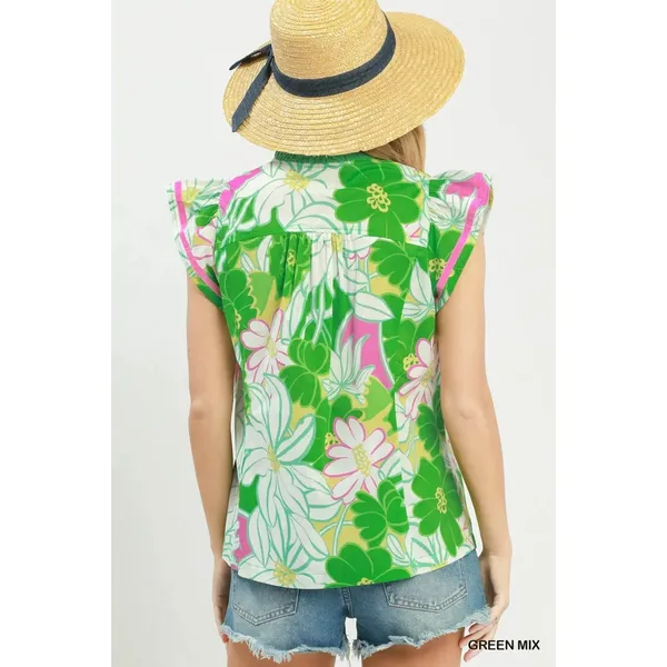 Umgee‎ Bold Floral Flutter Sleeve Top - Green Mix - Medium - Image 3