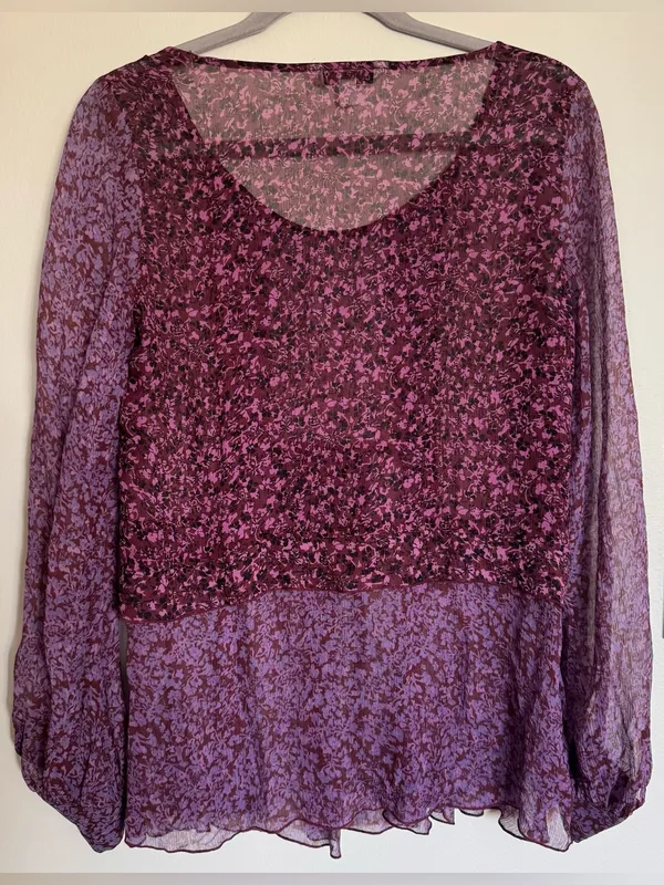 Cabi Silk Sonnet Blouse Purple Mangenta Long Sleeve Sheer Floral Boho Size S - Image 7