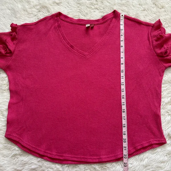 Anthropologie Pilcro Top Ruffled V-Neck Shirt Waffle Knit Raspberry Pink L - Image 12
