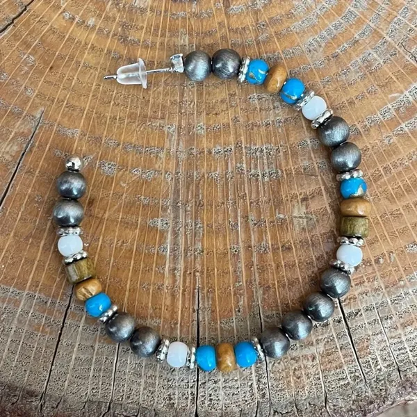 Navajo Style Pearl Hoop Earrings with Wood and Blue Beads - Image 2