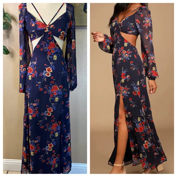 NWOT Lulus Growing, Growing, Gone Navy Blue Floral Print Cutout Maxi Dress - Image 2