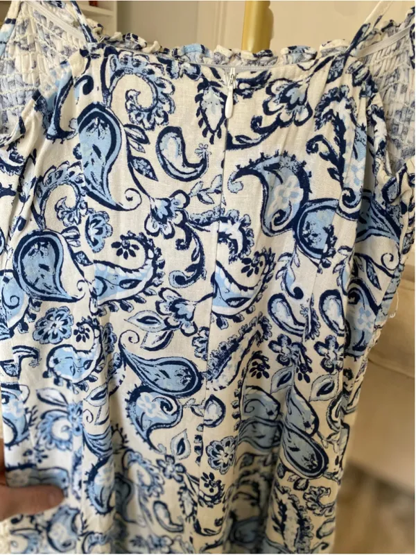 Zara Paisley Linen Smocked Boho Maxi Dress XS Coastal Nautical Breezy Italy Chic - Image 4