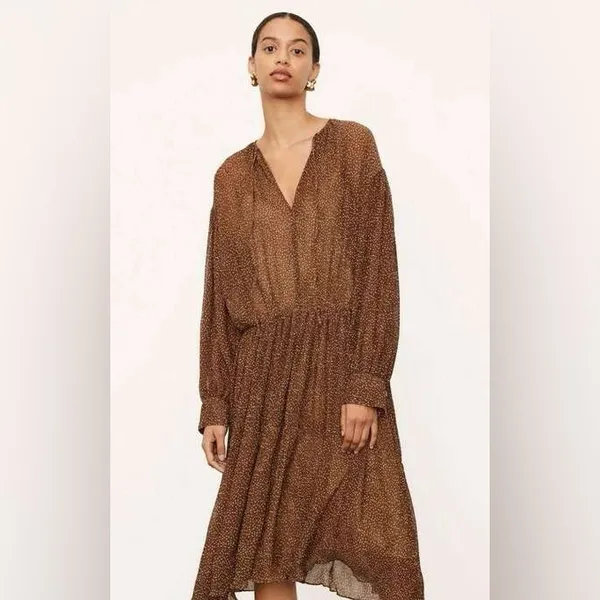 Vince Starry Dot Womens Dress M Medium Brown Long Sleeve Shirred Midi‎ $495 - Image 2