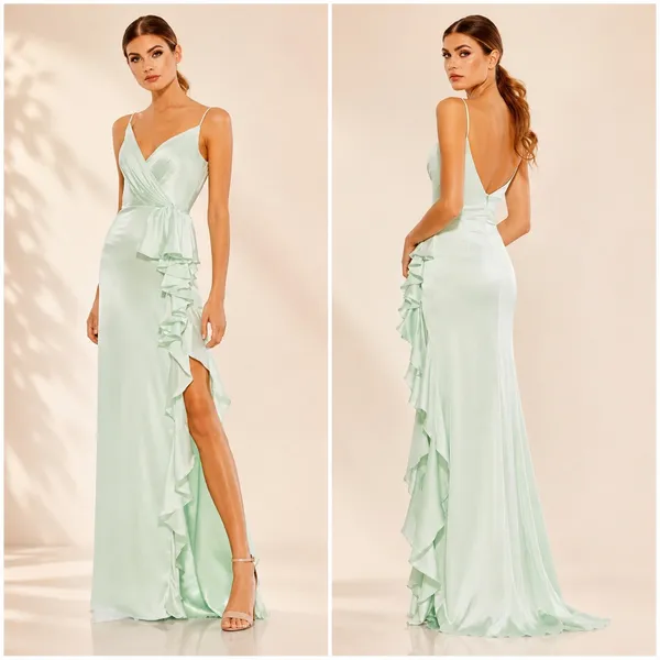 Mac Duggal Pistachio Green Satin Ruffled Maxi Dress 67815 Size 6 Sleeveless - Image 2