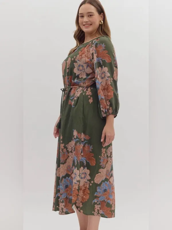 New!Entro Boutique Floral Tie-Waist Midi Dress in Olive Size 2X - Image 4