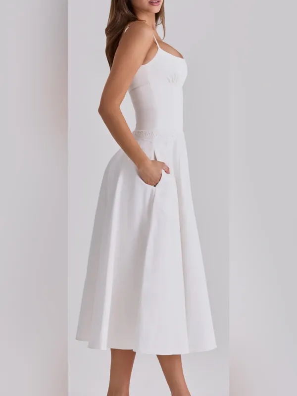 NEW HOUSE OF CB Liora Eyelet Trim Cotton Midi White Dress sz XS - Image 3