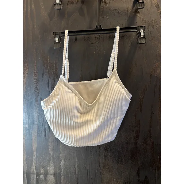 Forever 21 White Ribbed Bikini Set V-Neck‎ Top High Cut Bottoms Medium - Image 4