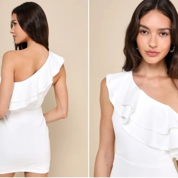LULU's Bachelorette Engagement Bridal Sexy One Shoulder Ruffle Mini Dress - Image 3