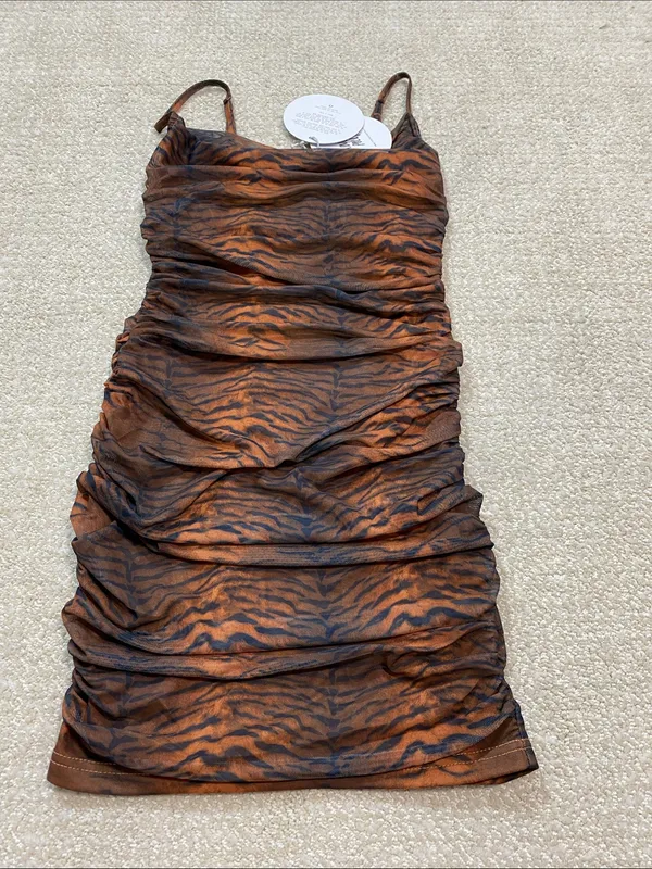 Princess Polly Brown Tiger-Print Ruched Mini Dress Size 2 - Image 15