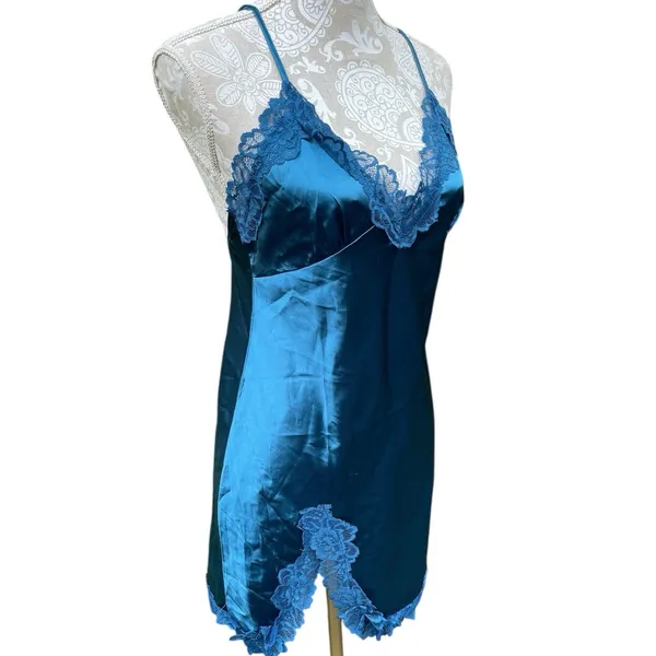 Teal Blue Satin Lace Slip Dress Chemise M Y2K Lingerie Aesthetic Feminine Coquet - Image 6