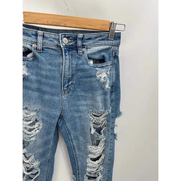 American Eagle Stretch Medium Wash Mom Jean Heavy Distressing Women Size‎ 00 - Image 5