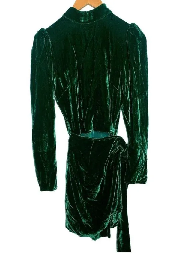 Reformation BURGUNDY green velvet mock neck long sleeve wrap mini dress size 6 - Image 5