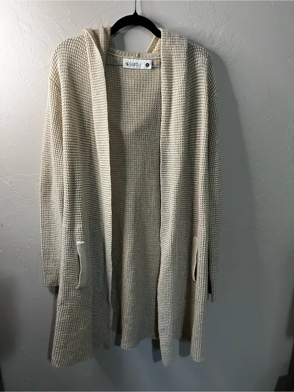 Carve Designs Alamosa Cream Wool Alpaca Blend Waffle Knit Hooded Long Cardigan - Image 2