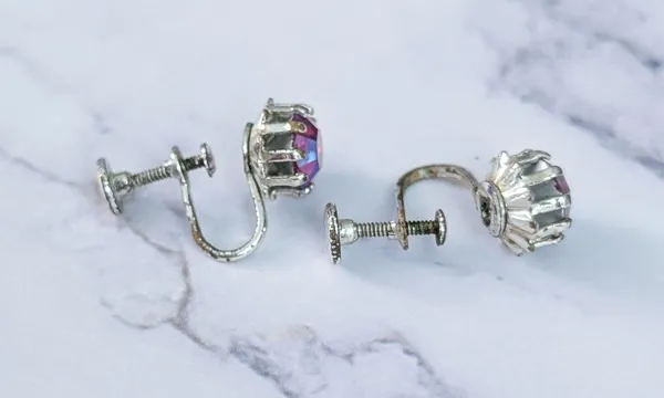 Vintage Screw On Earrings Iridescent Dark Pink Gems - Fair Condition - Image 7