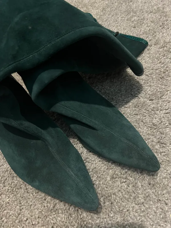 Ann Taylor Green Suede Velvet Leather Pointed Toe Heels Boots Knee High Booties - Image 8