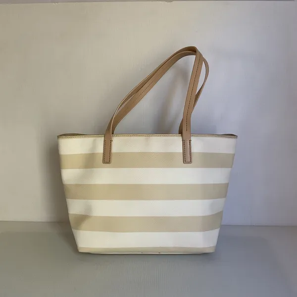 Kate Spade New York Striped Tote Bag Cream Beige Spade Charm Bow Shopper - Image 6