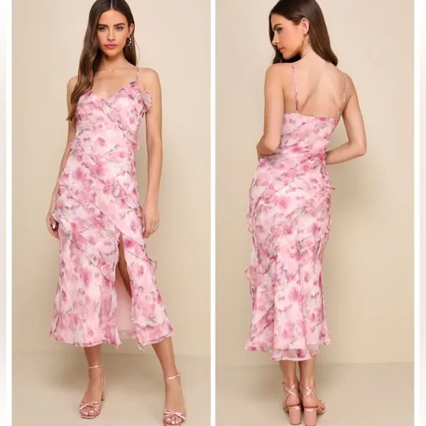 Lulus Dreamy Personality Pink Floral Ruffled Sleeveless Midi Dress Size Small - Image 2