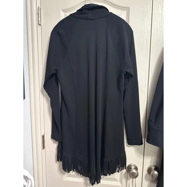 Barbara Lesser Black Fringe Cotton Knit Cardigan Minimalist Cozy Capsule Western - Image 4
