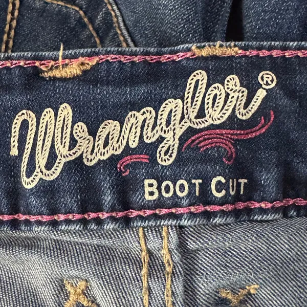Wrangler SZ 9/10 Bootcut Jeans Mid-Rise Stretch Zip-Fly Whiskered Dark Wash Blue - Image 8
