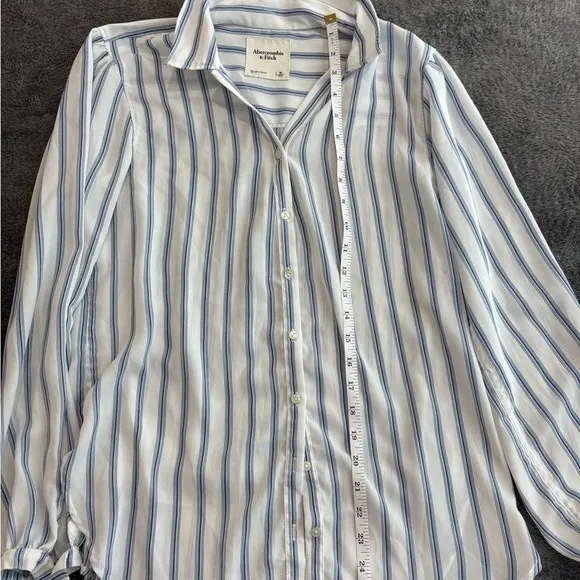 Abercrombie & Fitch Blue White Striped‎ Tie Cuff Button Down Shirt Womens Medium - Image 7