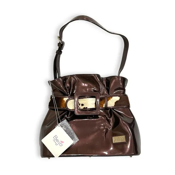 Beijo Copper Brown Faux Leather Bag with Cow Hair Belt Detail NWT - Image 2