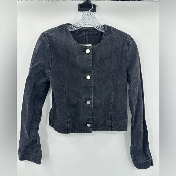 Abercrombie & Fitch Women's Black‎ Collarless Denim Jacket Size XS - Image 2