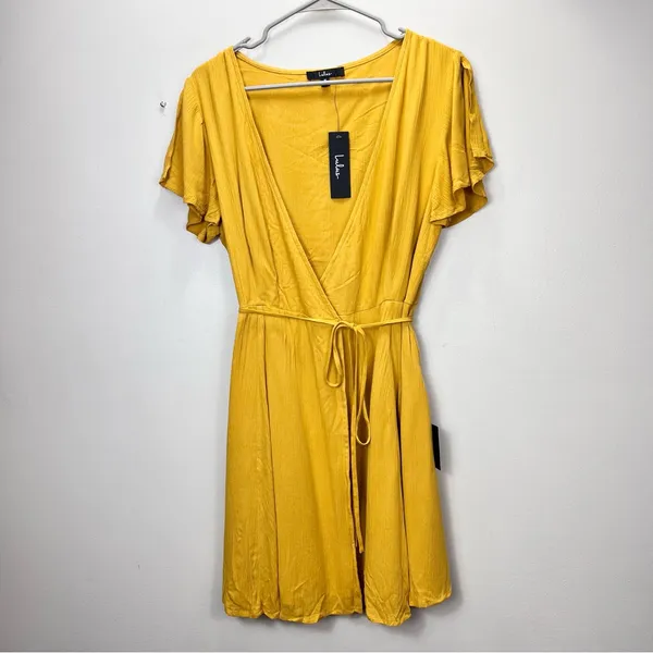 NWT Lulus Harbor Point Mustard Yellow Flutter-Sleeve‎ Mini Wrap Dress MEDIUM - Image 5