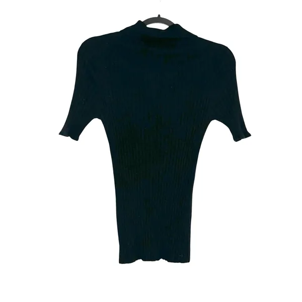 Loulou Studio Socotra Wool Cashmere Black Ribbed Short Sleeve Polo Top MEDIUM - Image 5