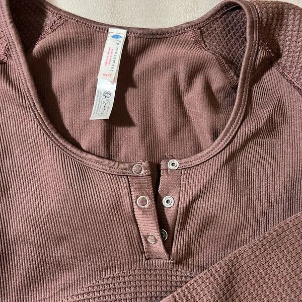 FP Movement Free People Thermal Henley Top • Brown Waffle Knit Long Sleeve - Image 3