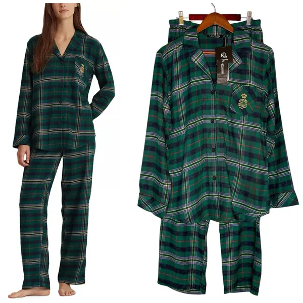NWT LRL Ralph Lauren M Brushed Twill 2PC PJ‎ Set Plaid Green Pajamas Black Label - Image 2