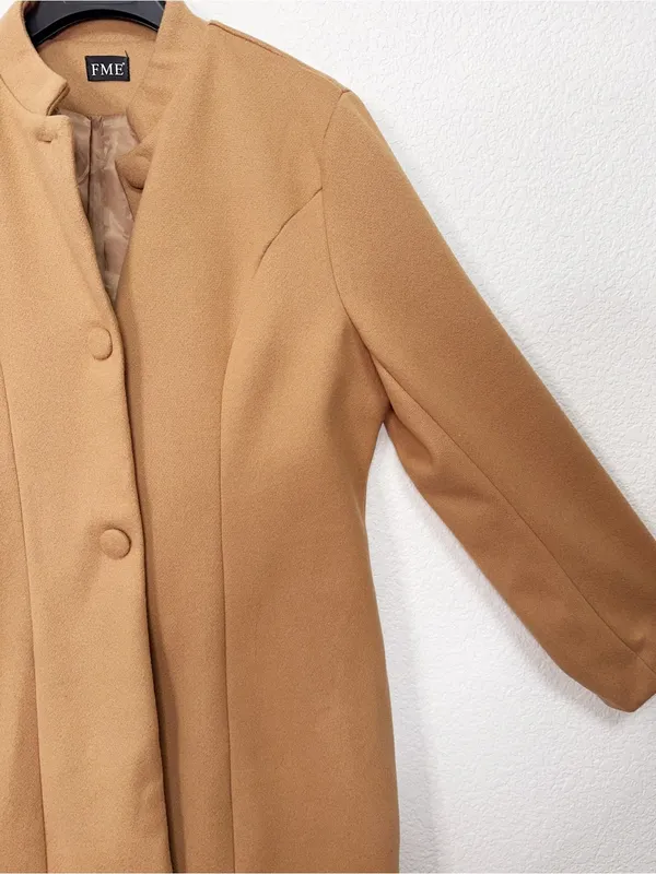 FME Camel Brown Longline Coat Stand Collar Button Front Minimalist Classic Jacke - Image 4