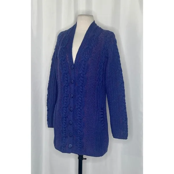 ARANCRAFTS Aran Crafts Merino Wool Purple Blue Cardigan Sweater Ireland Small - Image 4