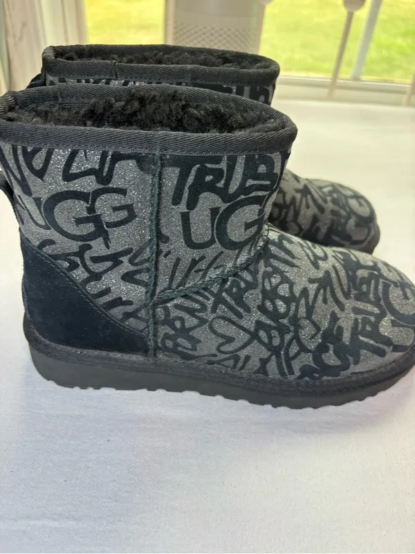 UGG Classic Mini Sparkle Graffiti Black Boots Women’s 7 1107034 - Image 2