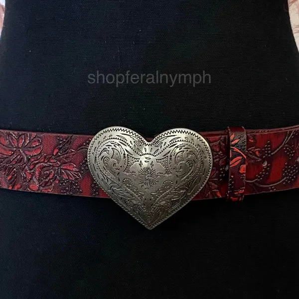 Burgundy Red Western Floral Heart Buckle Belt, Fits 33.5-43.5 Inches, X7GA1324 - Image 2
