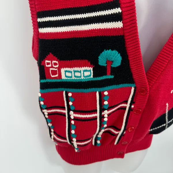 Vintage Koret Sweater Vest Women M Red Cotton Knit Argyle Tree House Cottagecore - Image 2